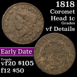 1818 Coronet Head Large Cent 1c Grades vf details