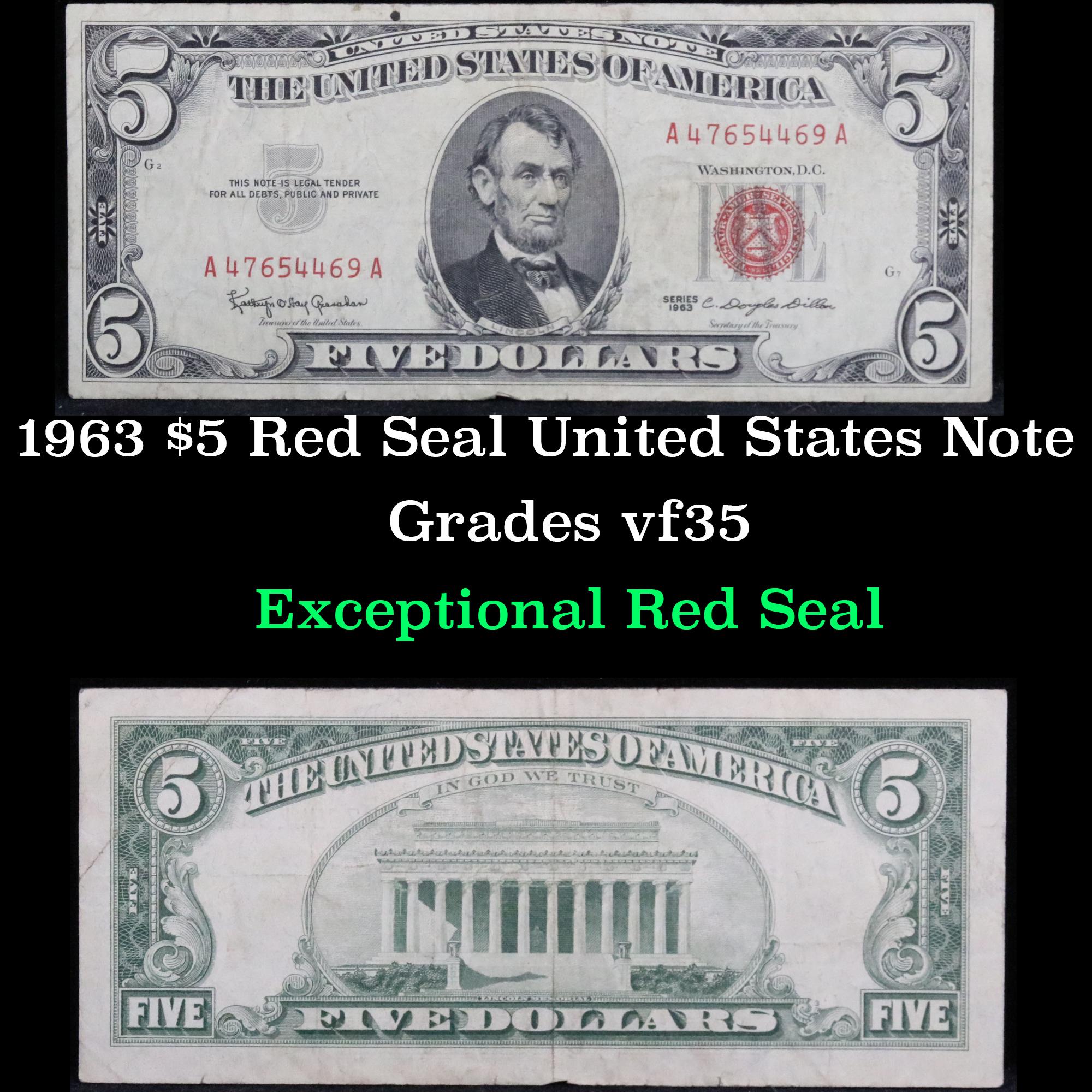 1963 $5 Red seal United States Note Grades vf++