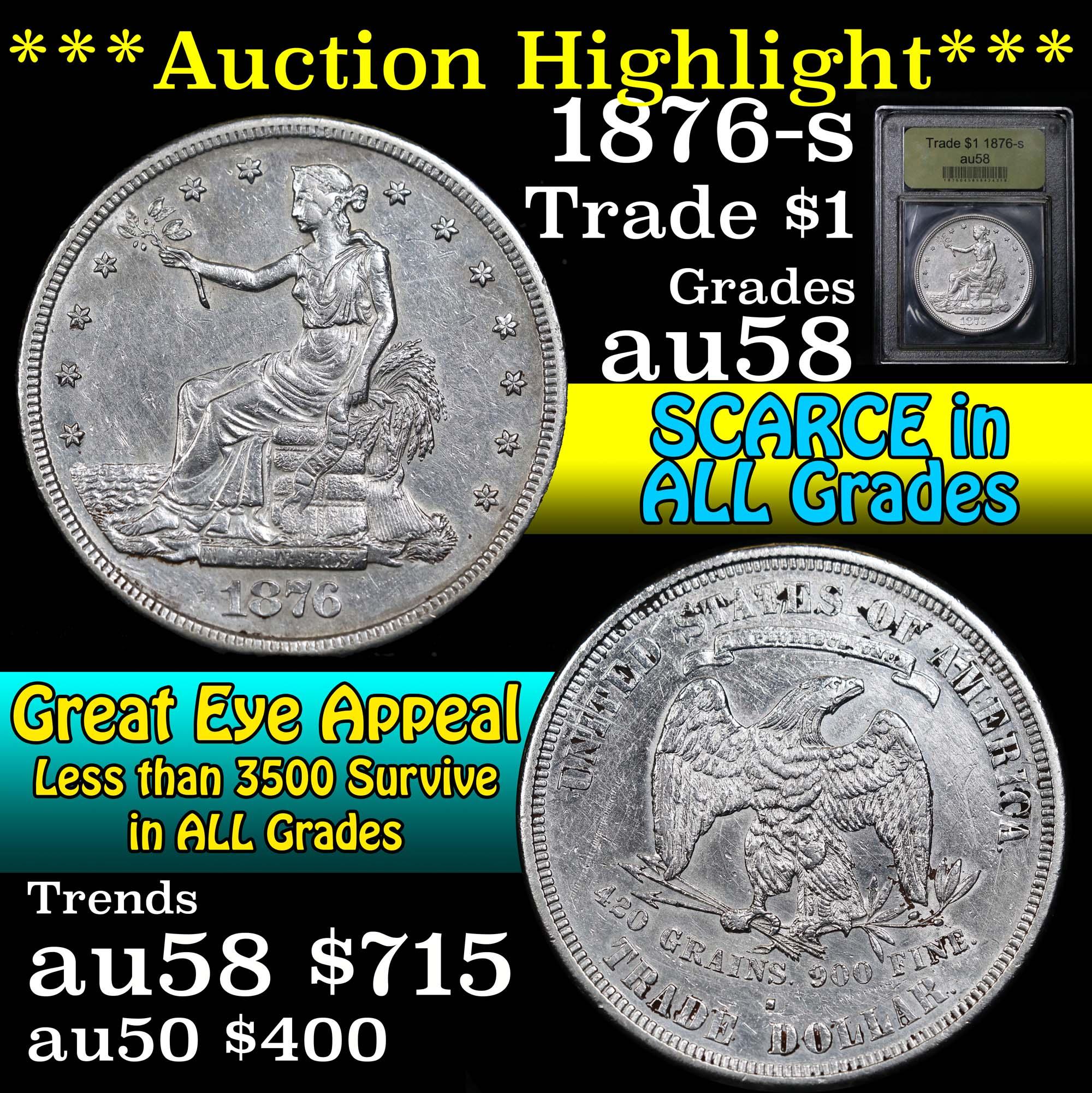 ***Auction Highlight*** 1876-s Trade Dollar $1 Graded Choice AU/BU Slider by USCG (fc)