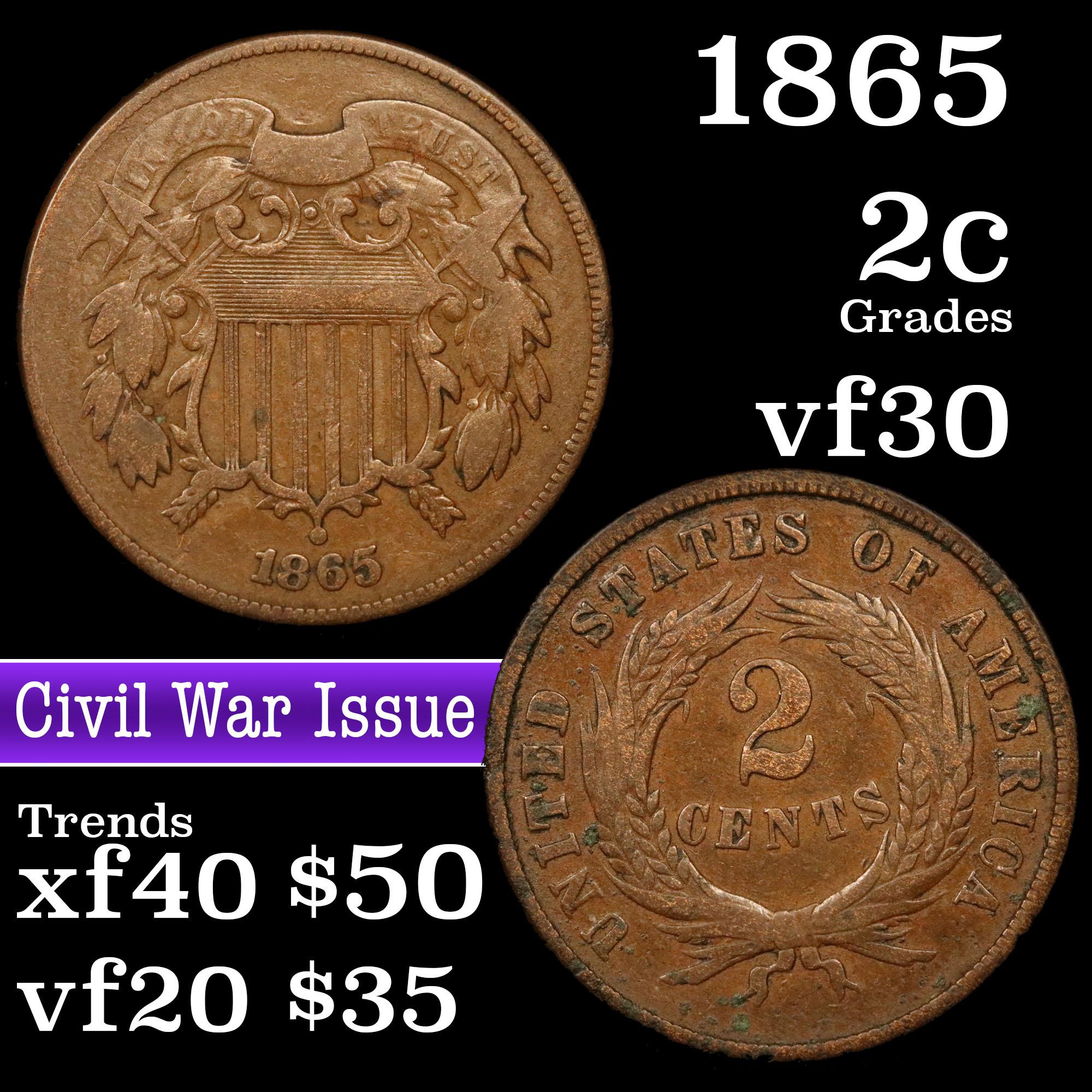 1865 Two Cent Piece 2c Grades vf++