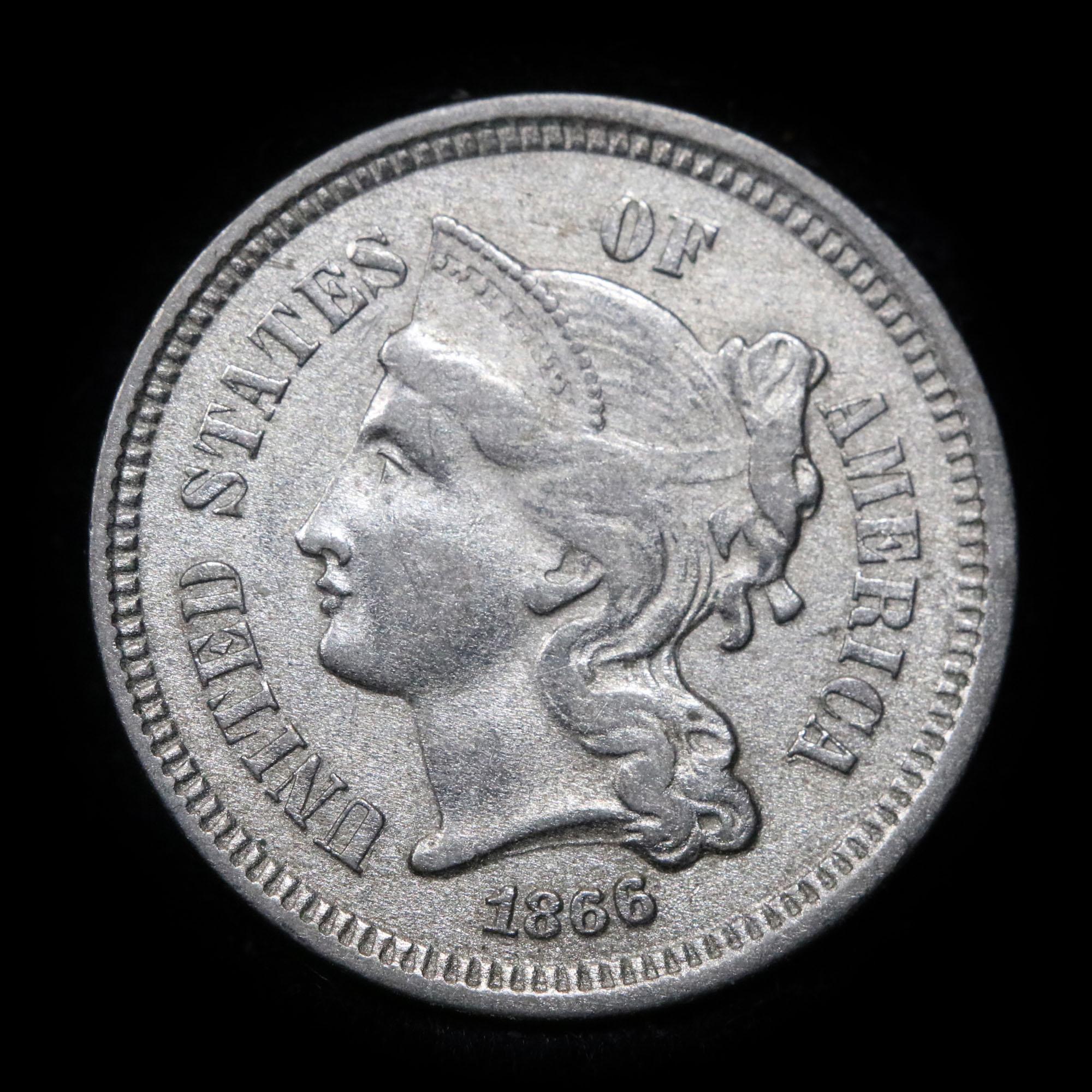 1866 Three Cent Copper Nickel 3cn Grades Choice AU/BU Slider