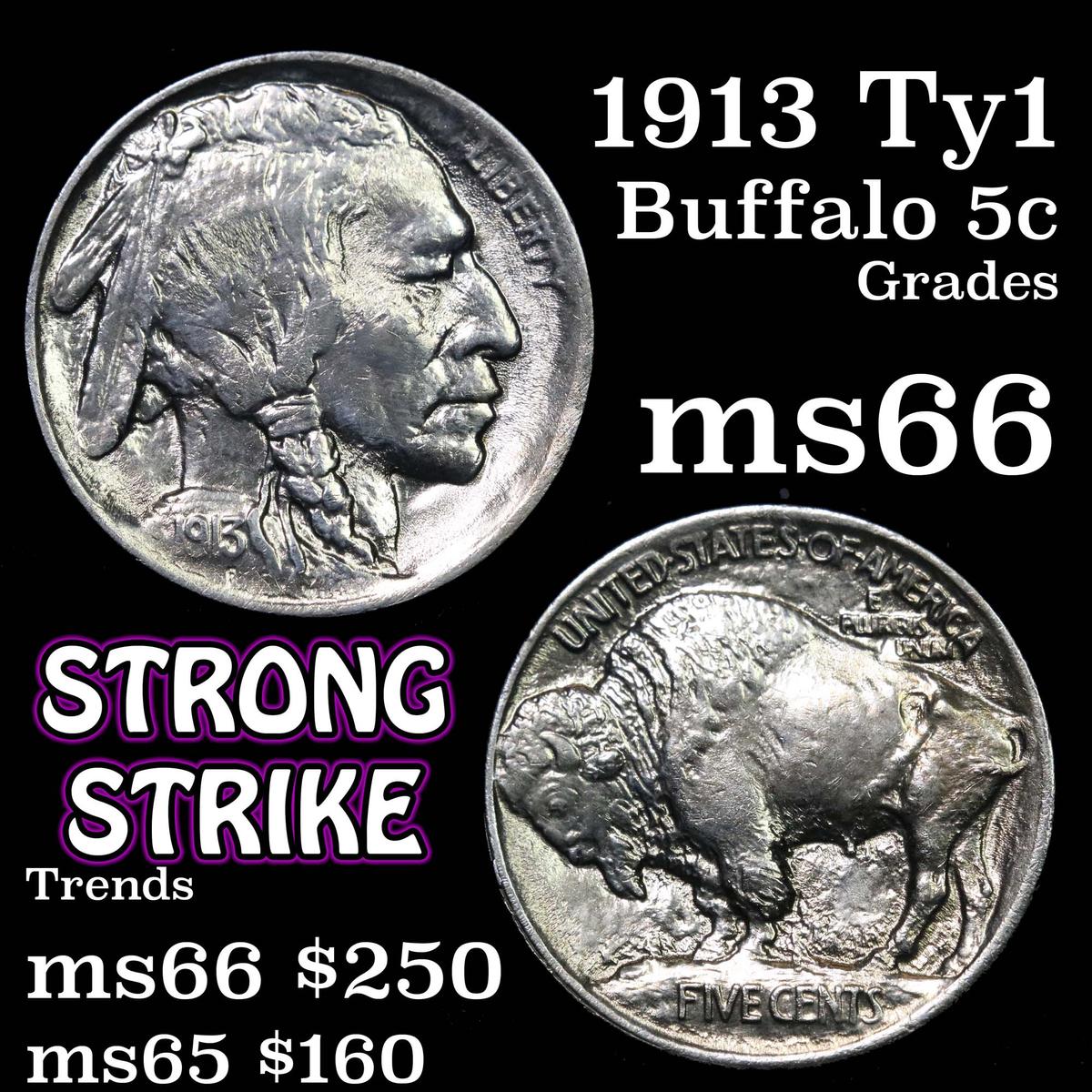 1913-p Ty I Buffalo Nickel 5c Grades GEM+ Unc (fc)