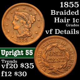 1855 Upright 5's Braided Hair Large Cent 1c Grades vf details