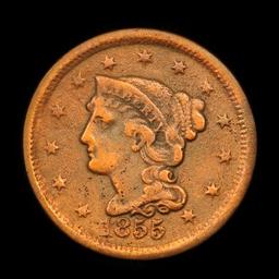 1855 Upright 5's Braided Hair Large Cent 1c Grades vf details