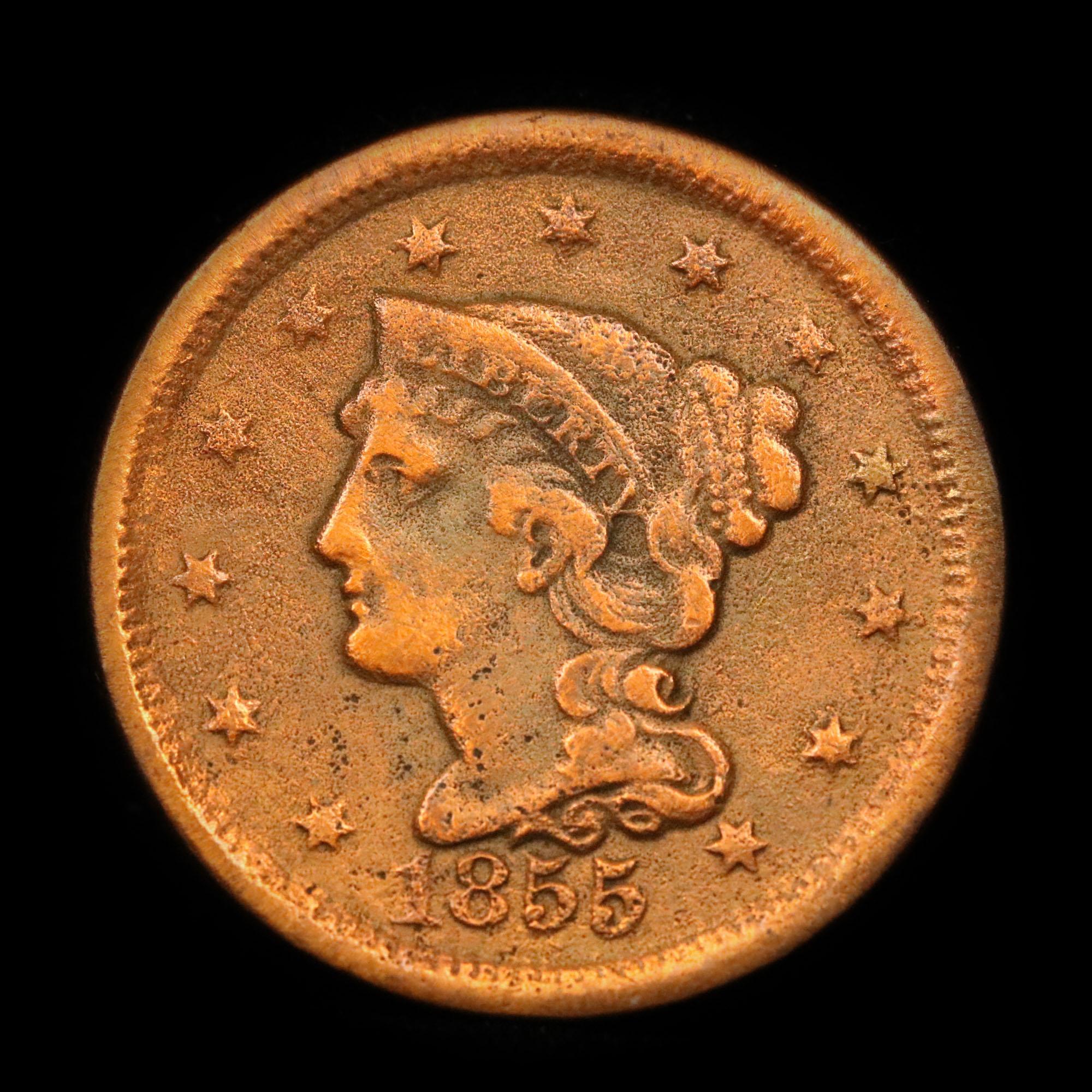 1855 Upright 5's Braided Hair Large Cent 1c Grades vf details