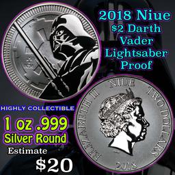 2018 Niue $2 Darth Vader Lightsaber proof 1 oz .999 Silver Round