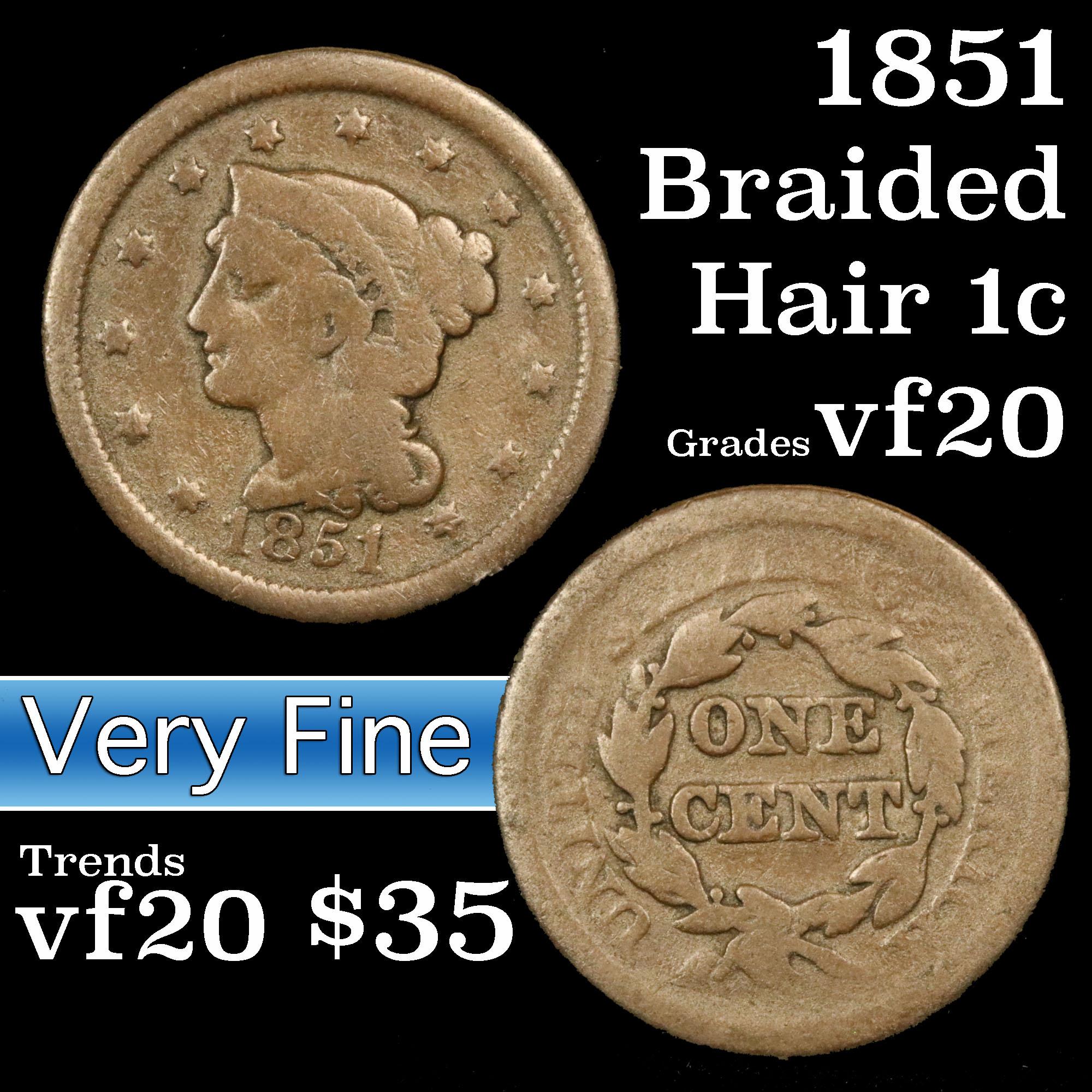 1851 Braided Hair Large Cent 1c Grades vf, very fine