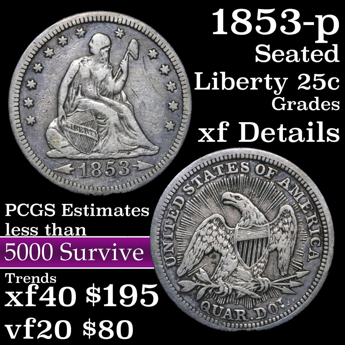 1853-p Arrows & Rays Seated Liberty Quarter 25c Grades xf details
