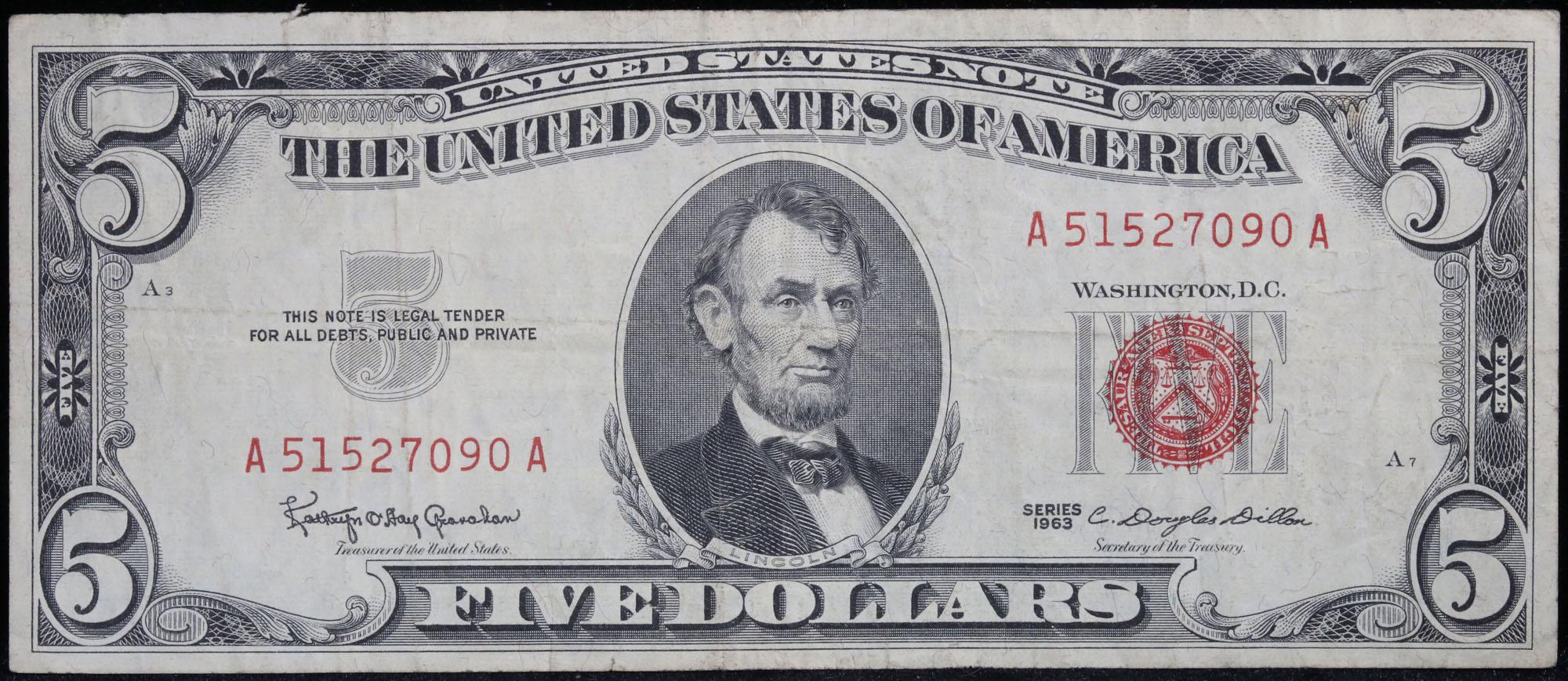 1963 $5 Red seal United States Note Grades vf++