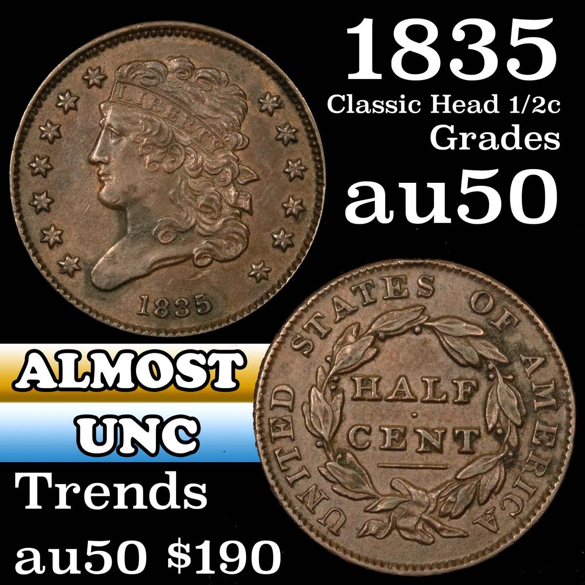 1835 Classic Head half cent 1/2c Grades AU, Almost Unc