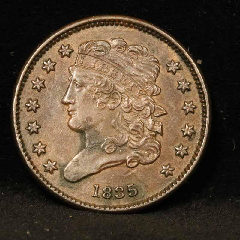 1835 Classic Head half cent 1/2c Grades AU, Almost Unc