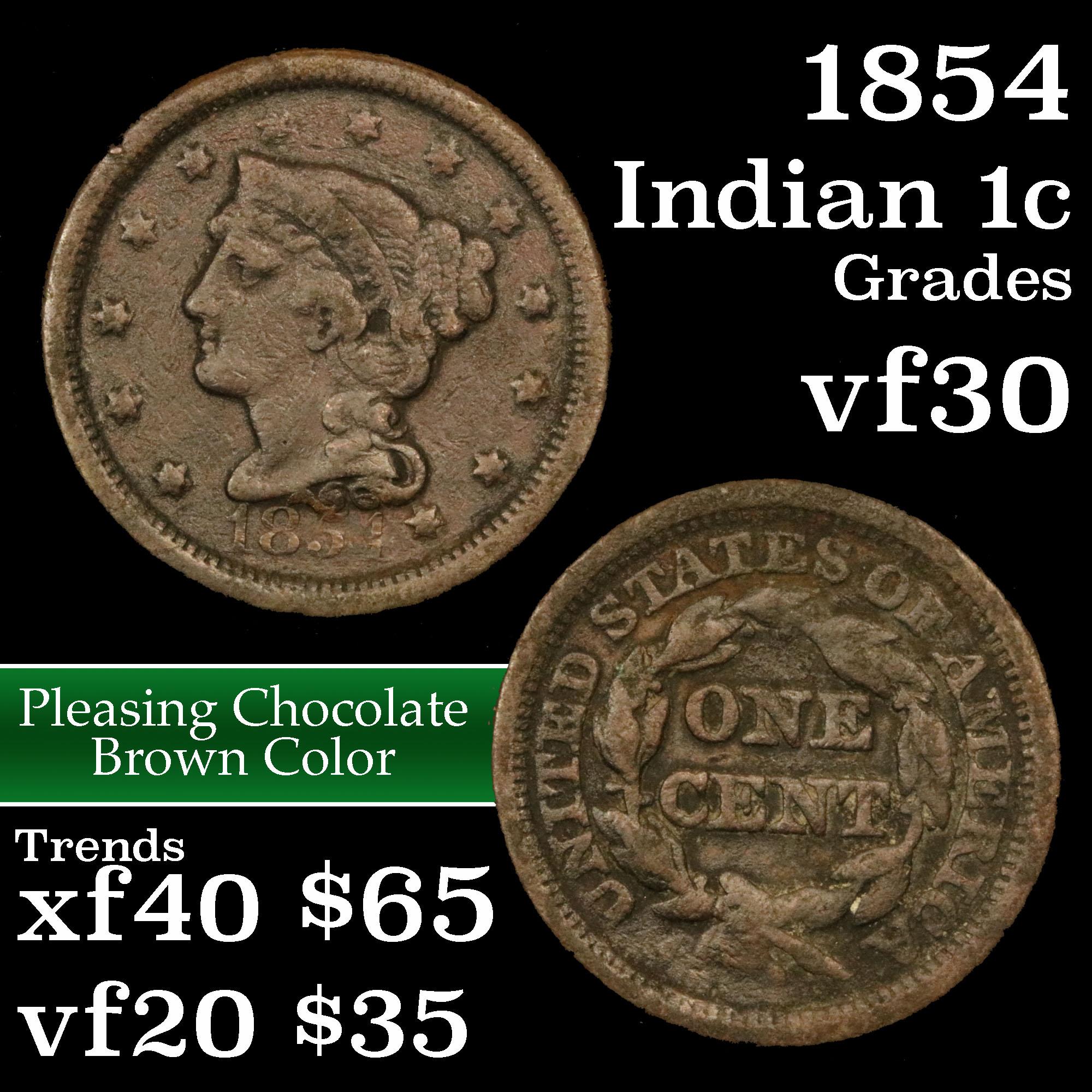 1854 Braided Hair Large Cent 1c Grades vf++