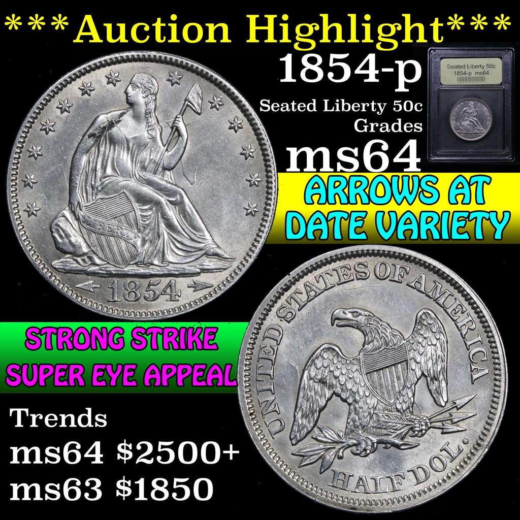 ***Auction Highlight*** 1854-p Seated Half Dollar 50c Graded Choice Unc by USCG (fc)