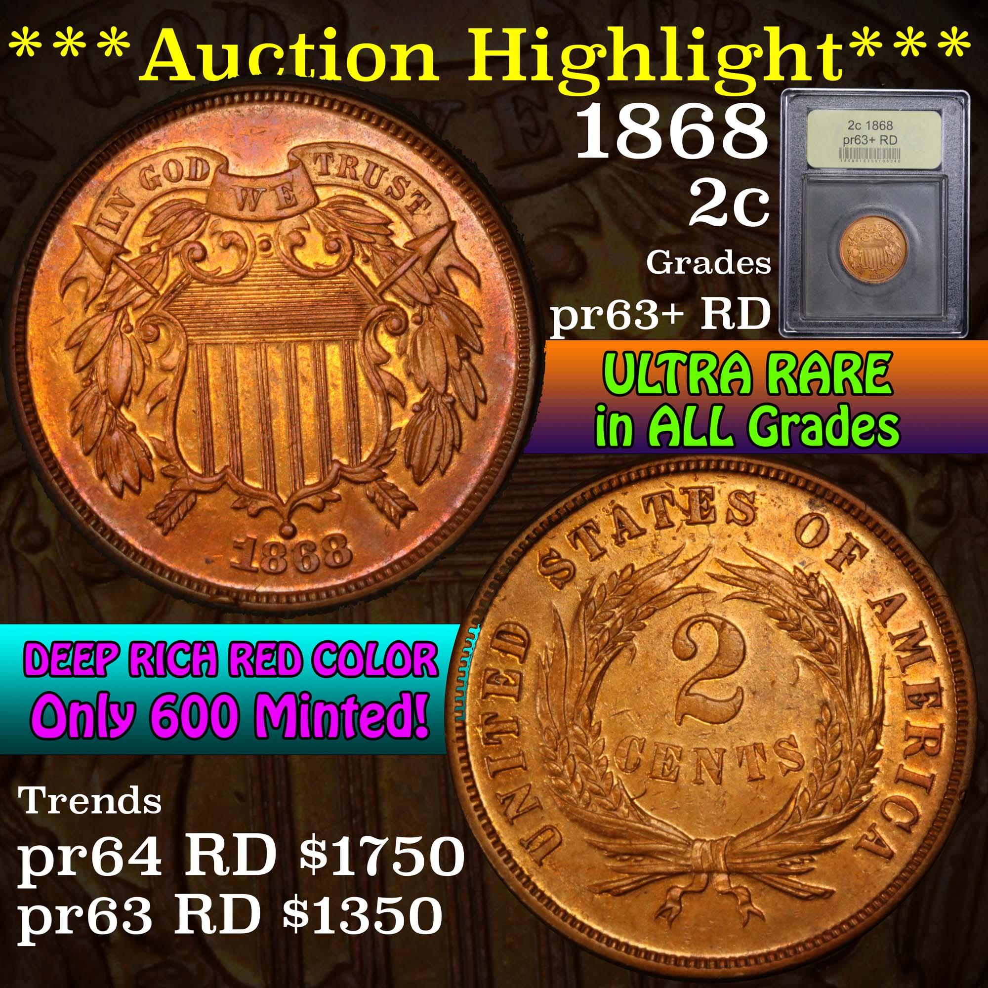 ***Auction Highlight*** 1868 Two Cent Piece 2c Graded Select+ proof RD by USCG (fc)