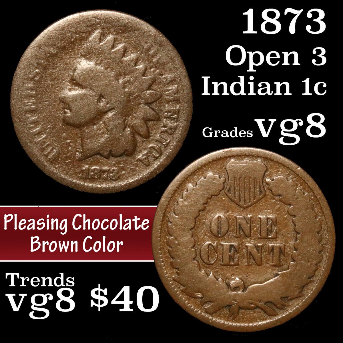 1873 Open 3 Indian Cent 1c Grades vg, very good