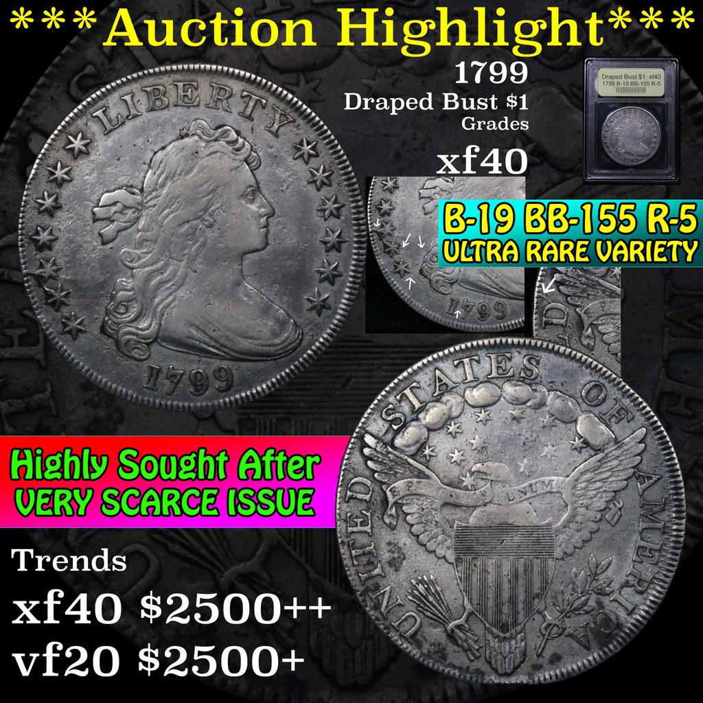 ***Auction Highlight*** 1799 B-19 BB-155 R-5 Draped Bust Dollar $1 Graded xf by USCG (fc)