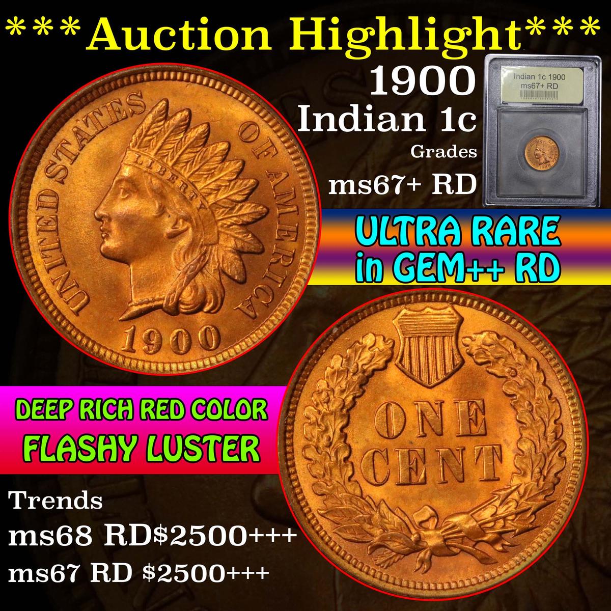 ***Auction Highlight*** 1900 Indian Cent 1c Graded GEM++ RD by USCG (fc)