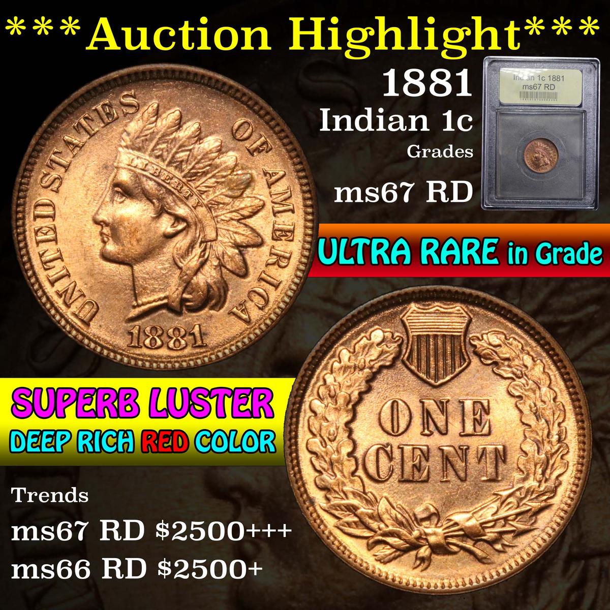 ***Auction Highlight*** 1881 Indian Cent 1c Graded GEM++ Unc RD by USCG (fc)