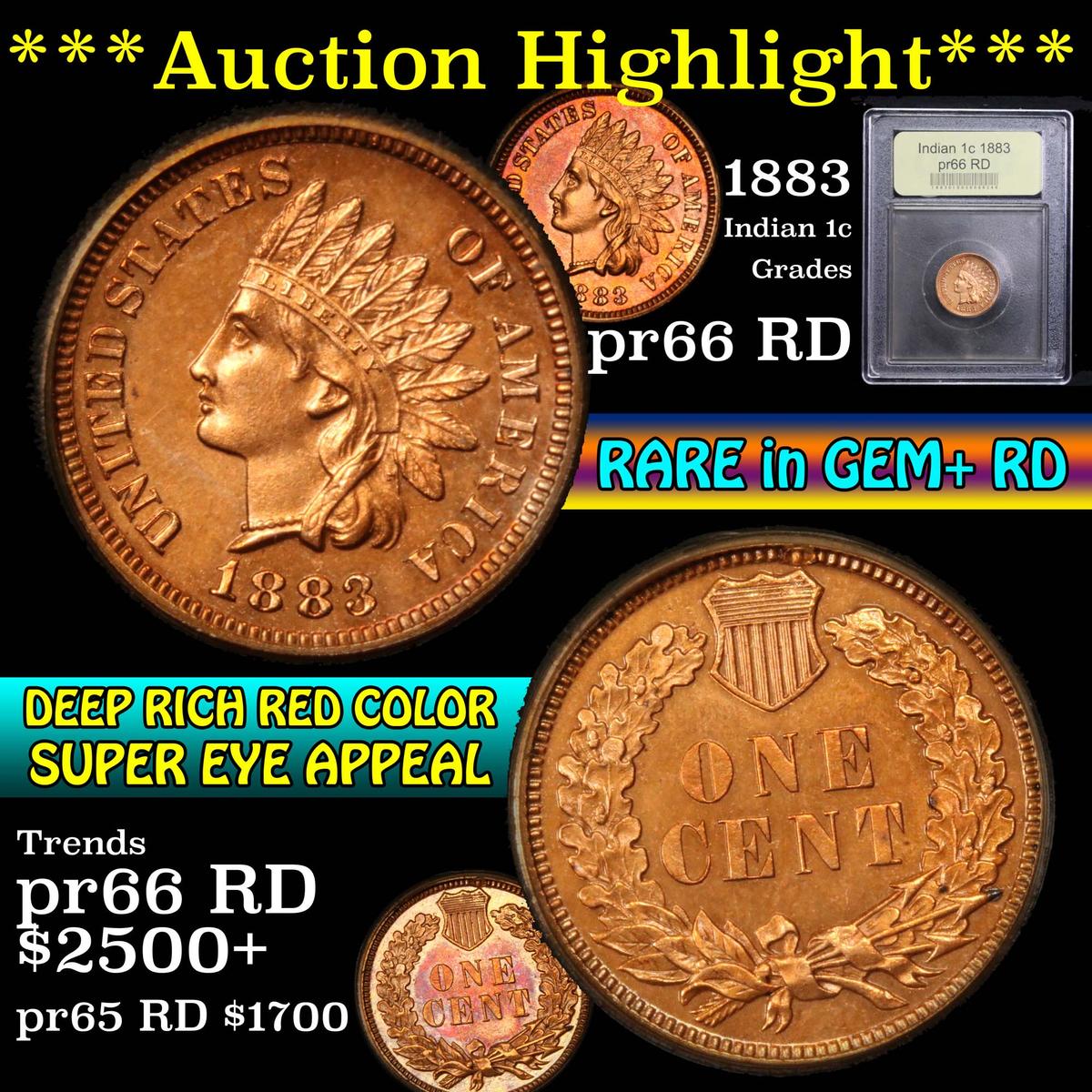 ***Auction Highlight*** 1883 Indian Cent 1c Graded Gem+ Proof Red by USCG (fc)