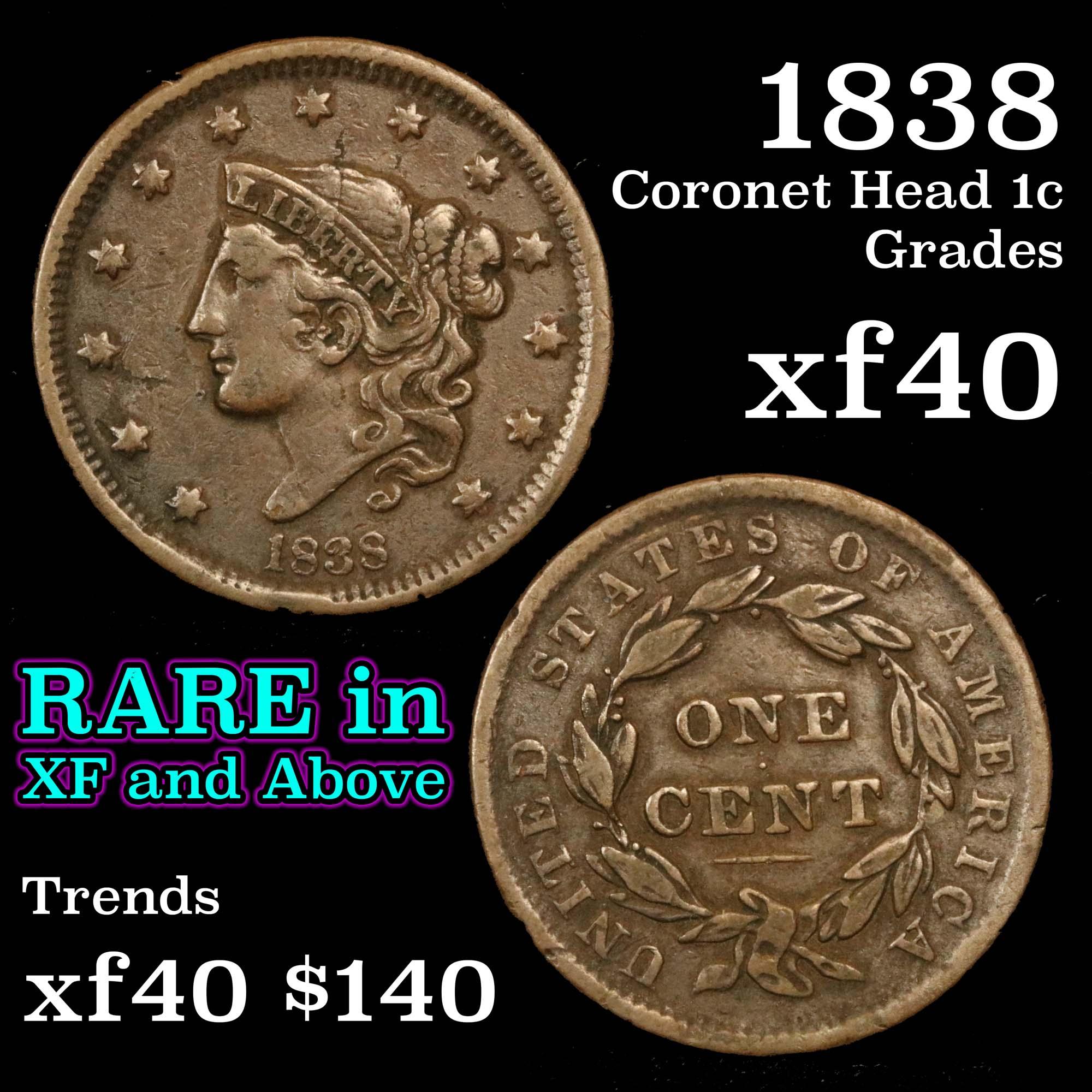 1838 Coronet Head Large Cent 1c Grades xf