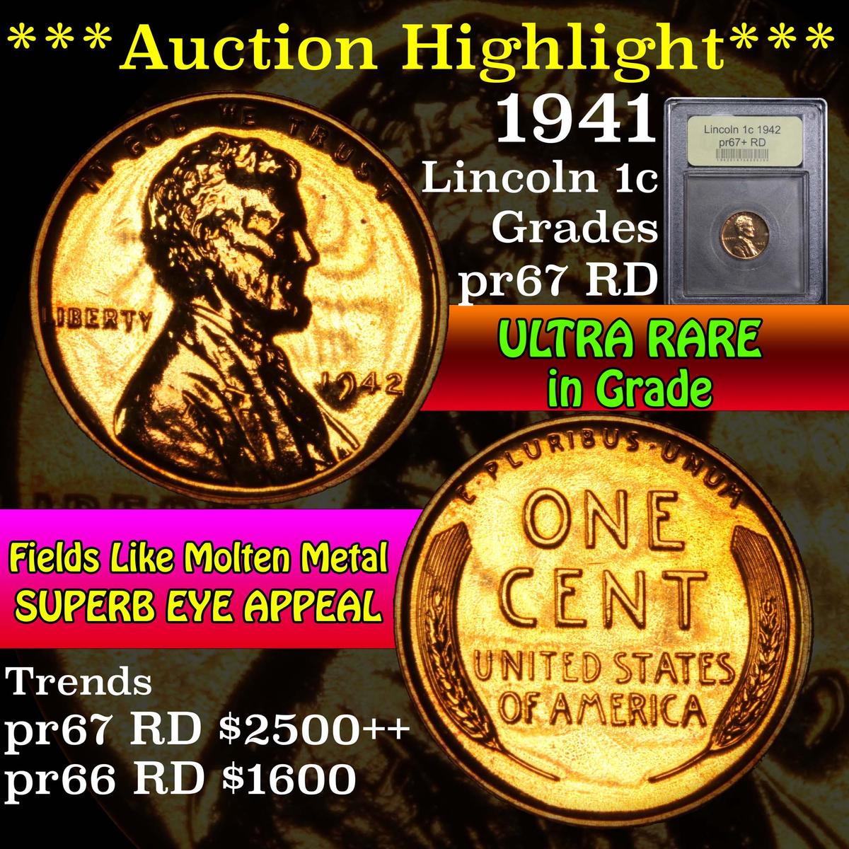 ***Auction Highlight*** 1942 Lincoln Cent 1c Graded Gem++ Proof Red by USCG (fc)