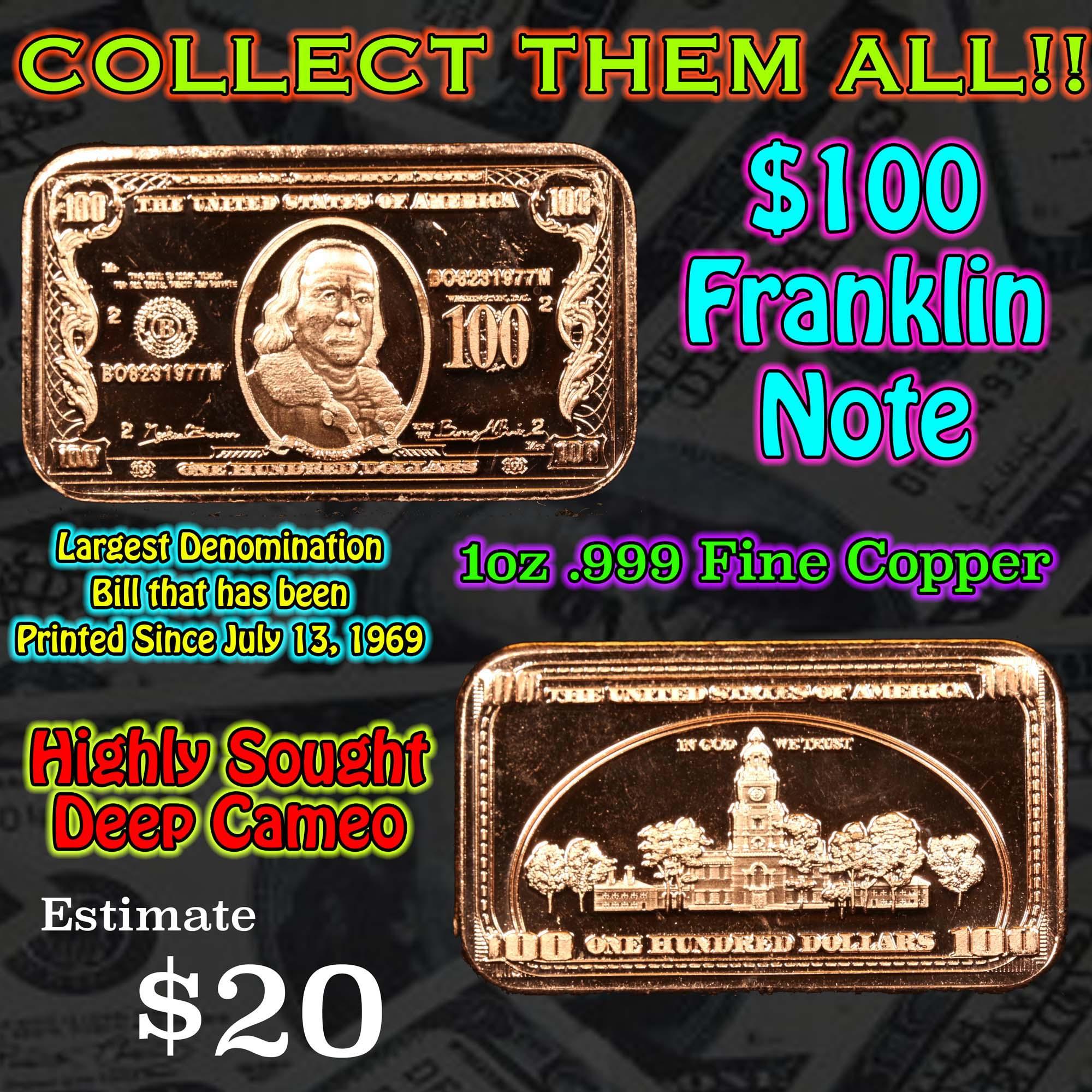 $100 Franklin note 1 oz .999 Copper Bar