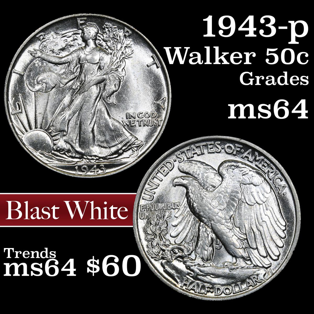 1943-p Walking Liberty Half Dollar 50c Grades Choice Unc