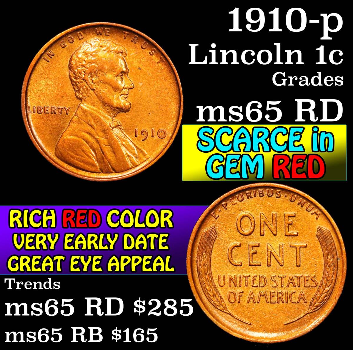 1910-p Lincoln Cent 1c Grades GEM Unc RD (fc)