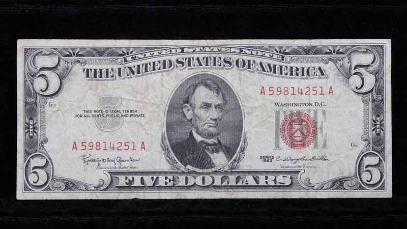 1963 $5 Red seal United States Note Grades vf, very fine