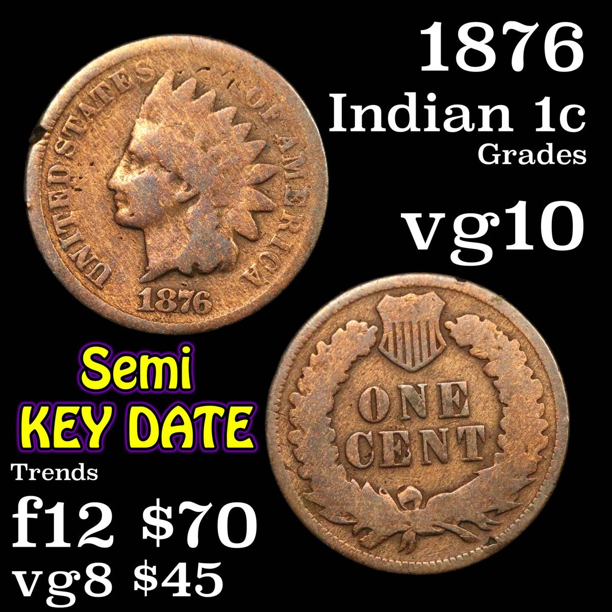 1876 Indian Cent 1c Grades vg+