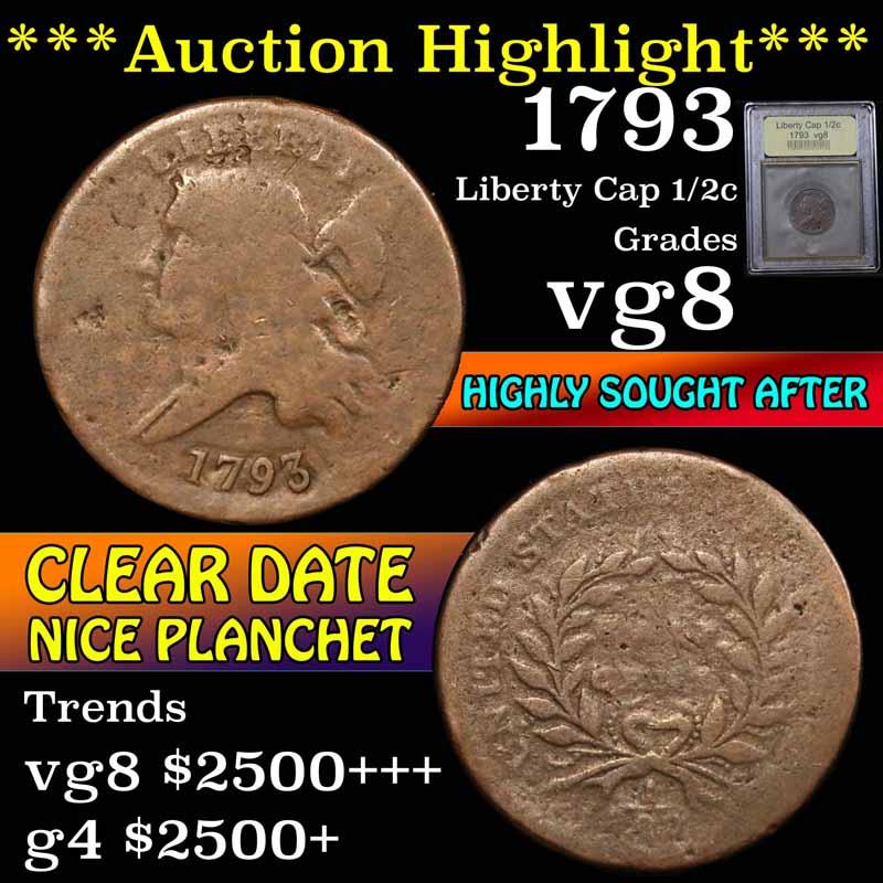 ***Auction Highlight*** 1793 Liberty Cap half cent 1/2c Graded vg, very good by USCG (fc)