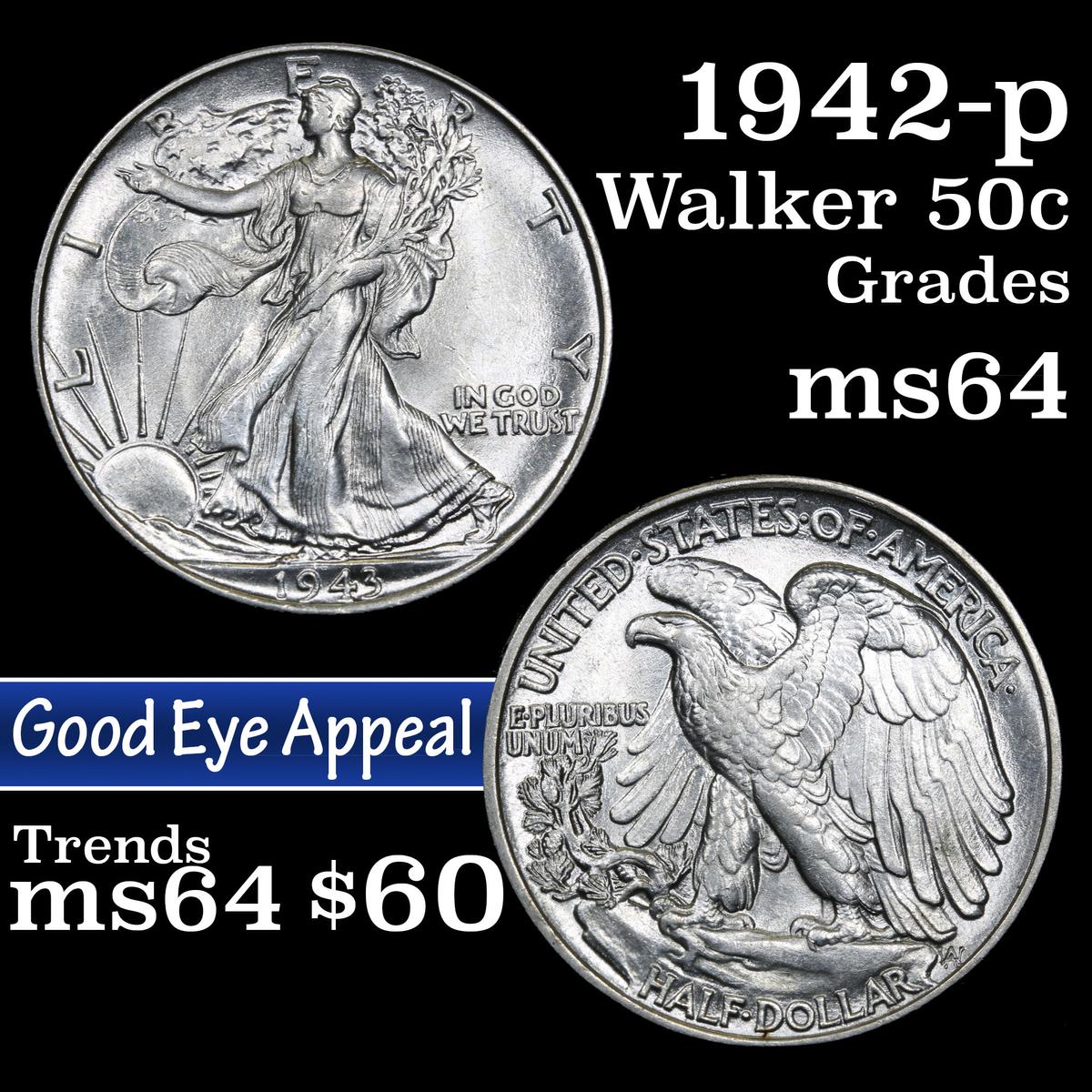 1942-p Walking Liberty Half Dollar 50c Grades Choice Unc