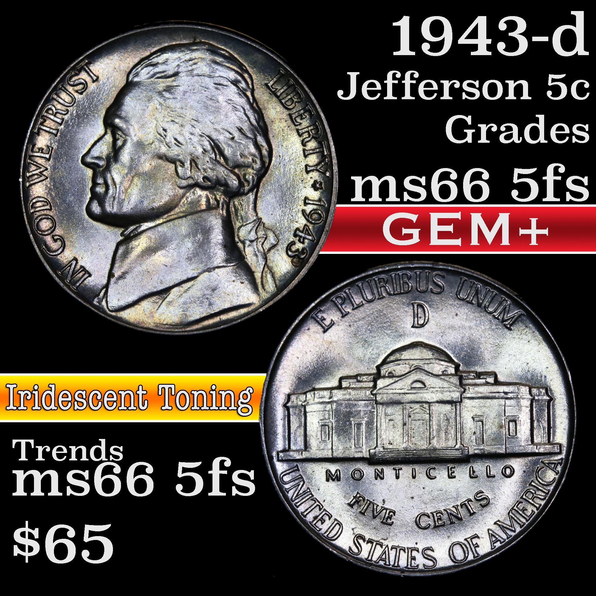 1943-d Jefferson Nickel 5c Grades GEM+ 5fs