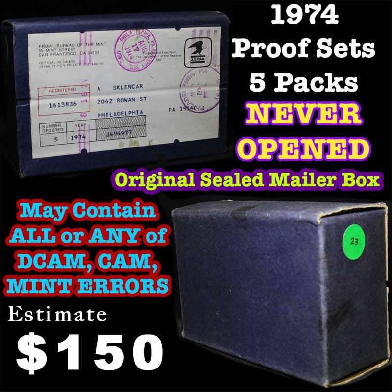 Original Sealed mailer box 1974 proof sets, 5 packs never opened