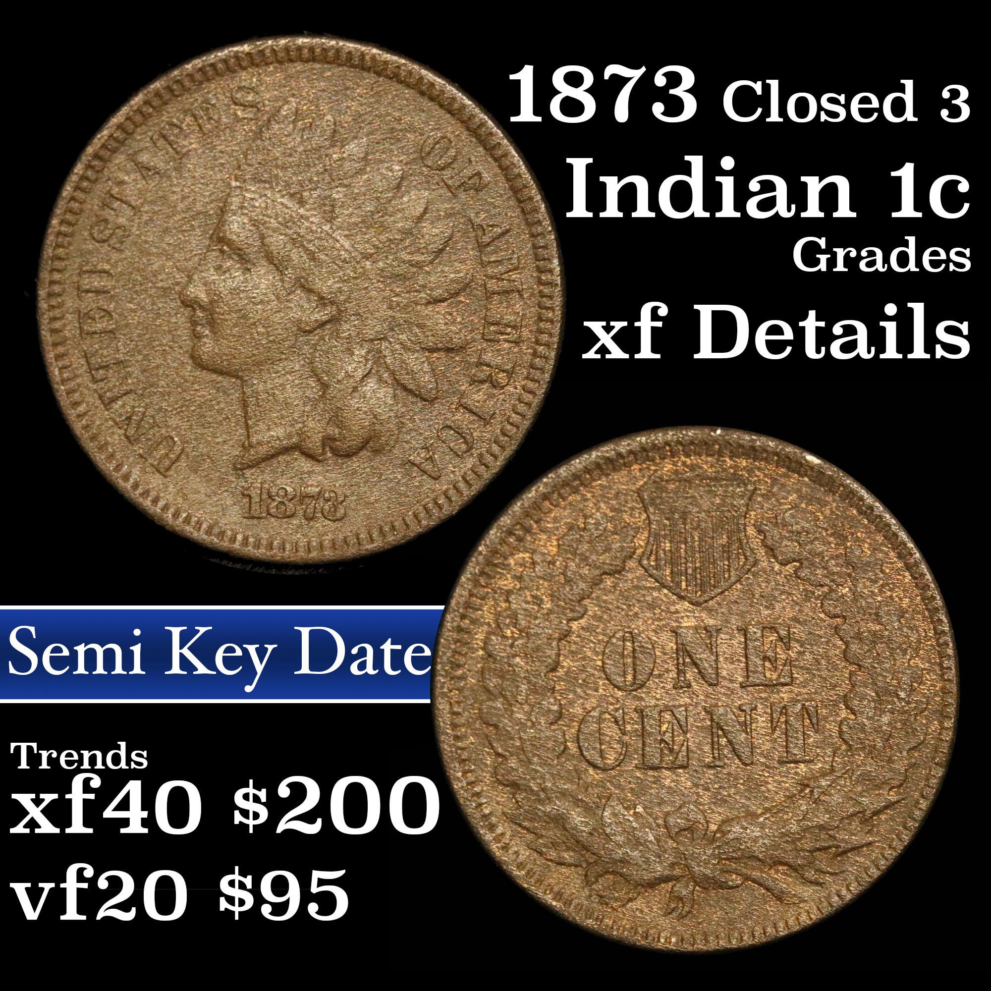 1873 closed 3 Indian Cent 1c Grades xf details