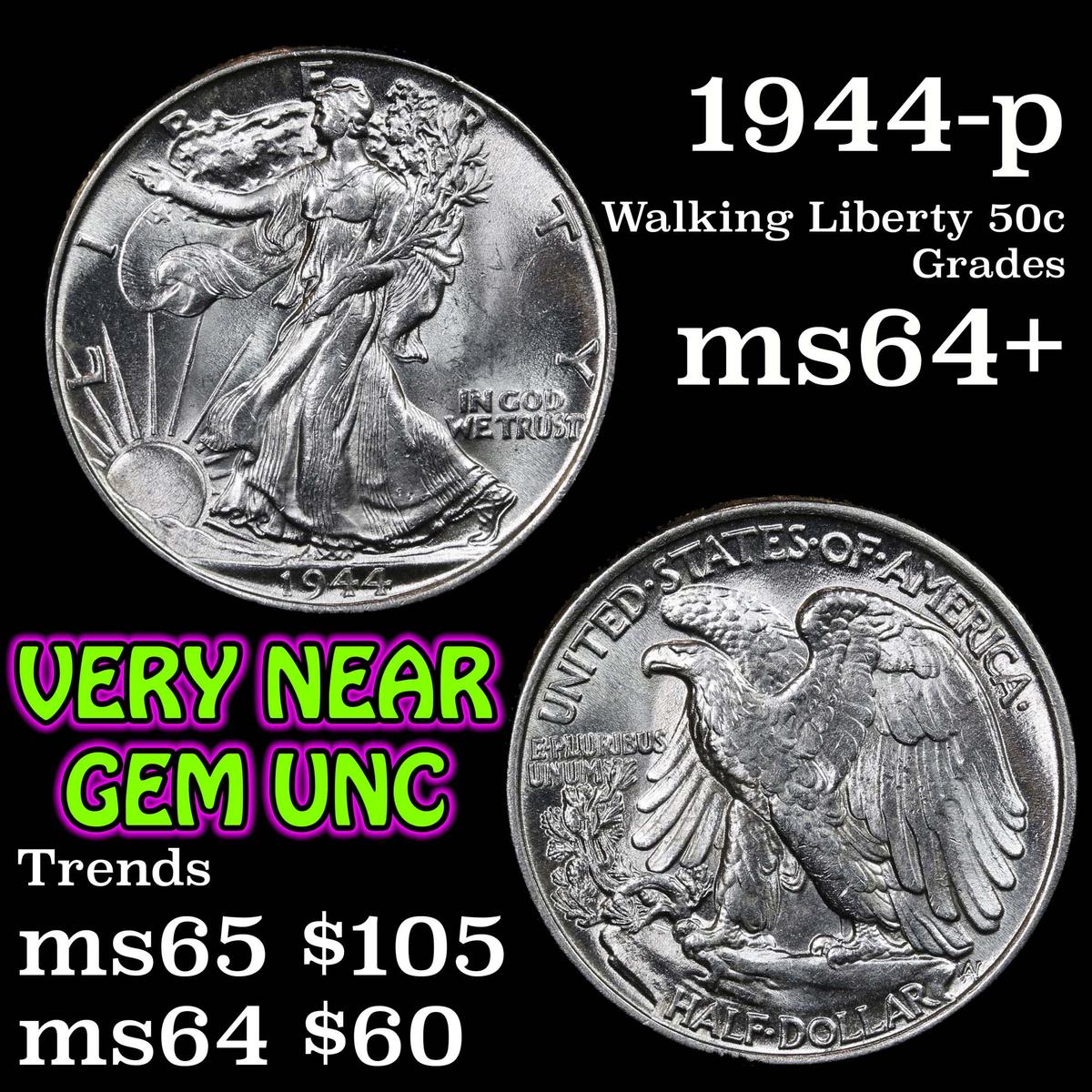 1944-p Walking Liberty Half Dollar 50c Grades Choice+ Unc