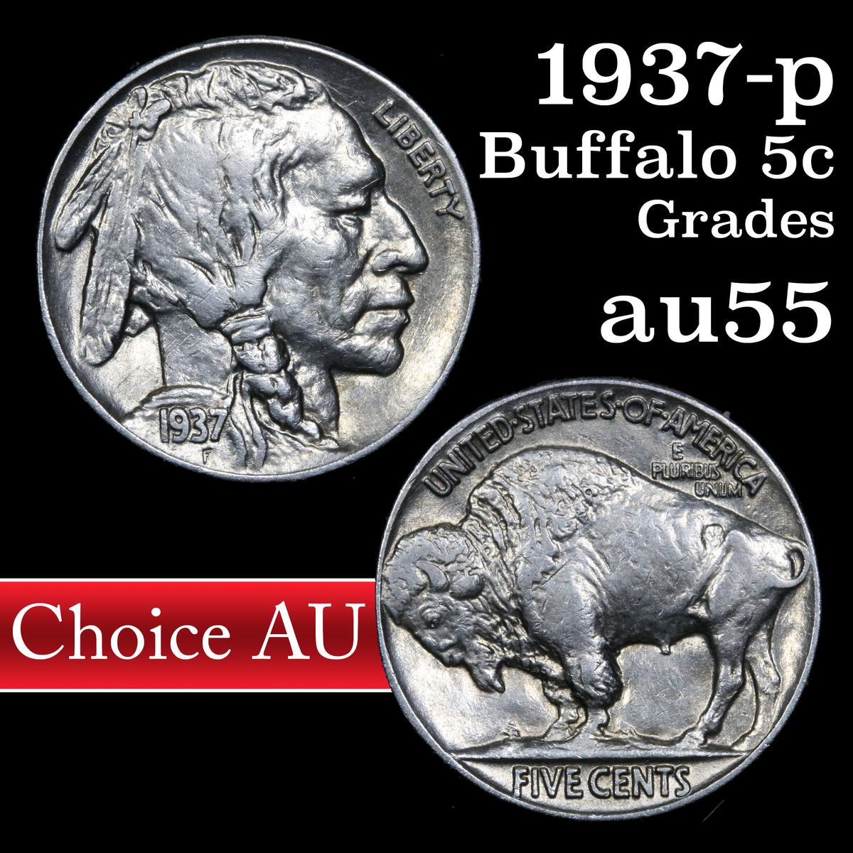 1937-p Buffalo Nickel 5c Grades Choice AU