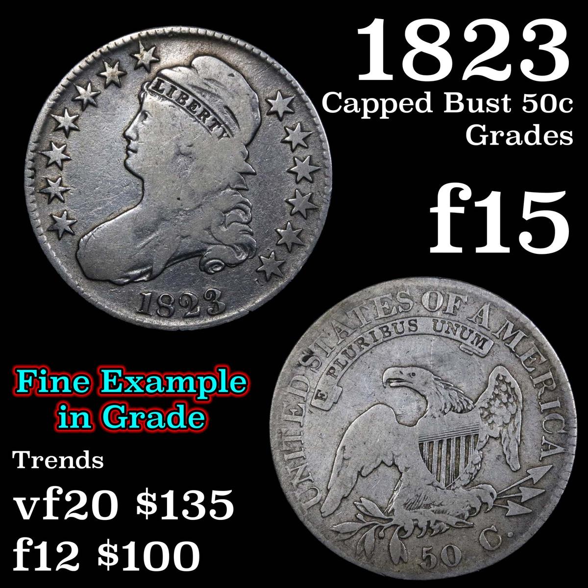 1823 Capped Bust Half Dollar 50c Grades f+