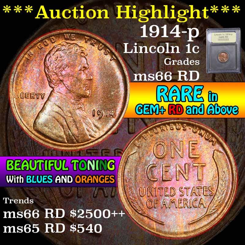 ***Auction Highlight*** 1914-p Beautiful Toning Lincoln Cent 1c Graded GEM+ Unc RD by USCG (fc)