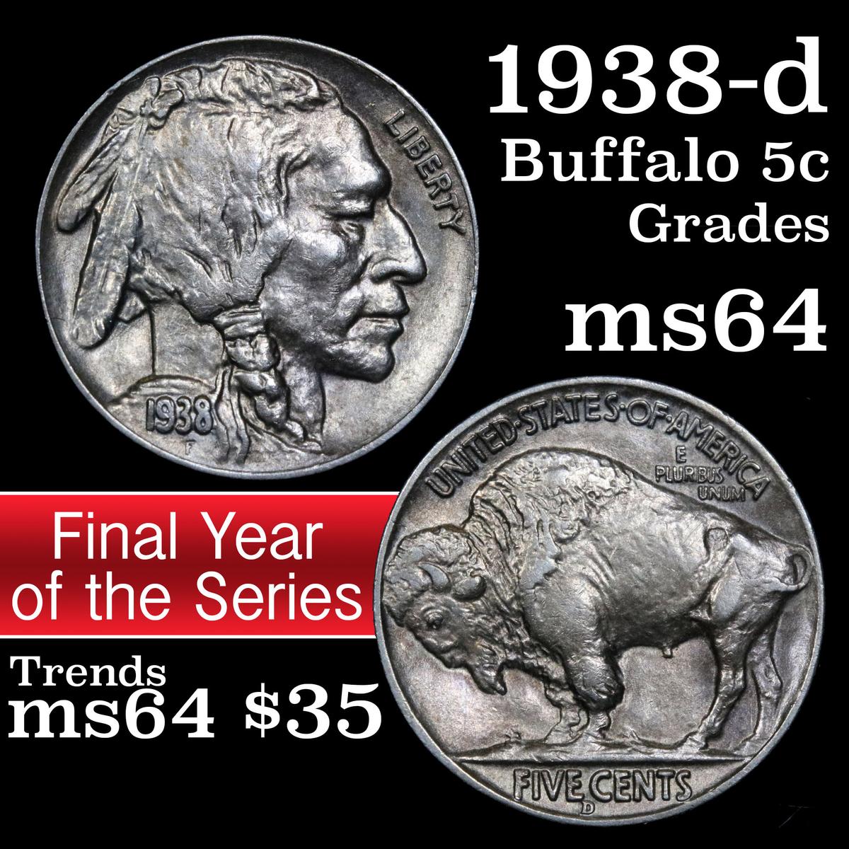 1938-d Buffalo Nickel 5c Grades Choice Unc