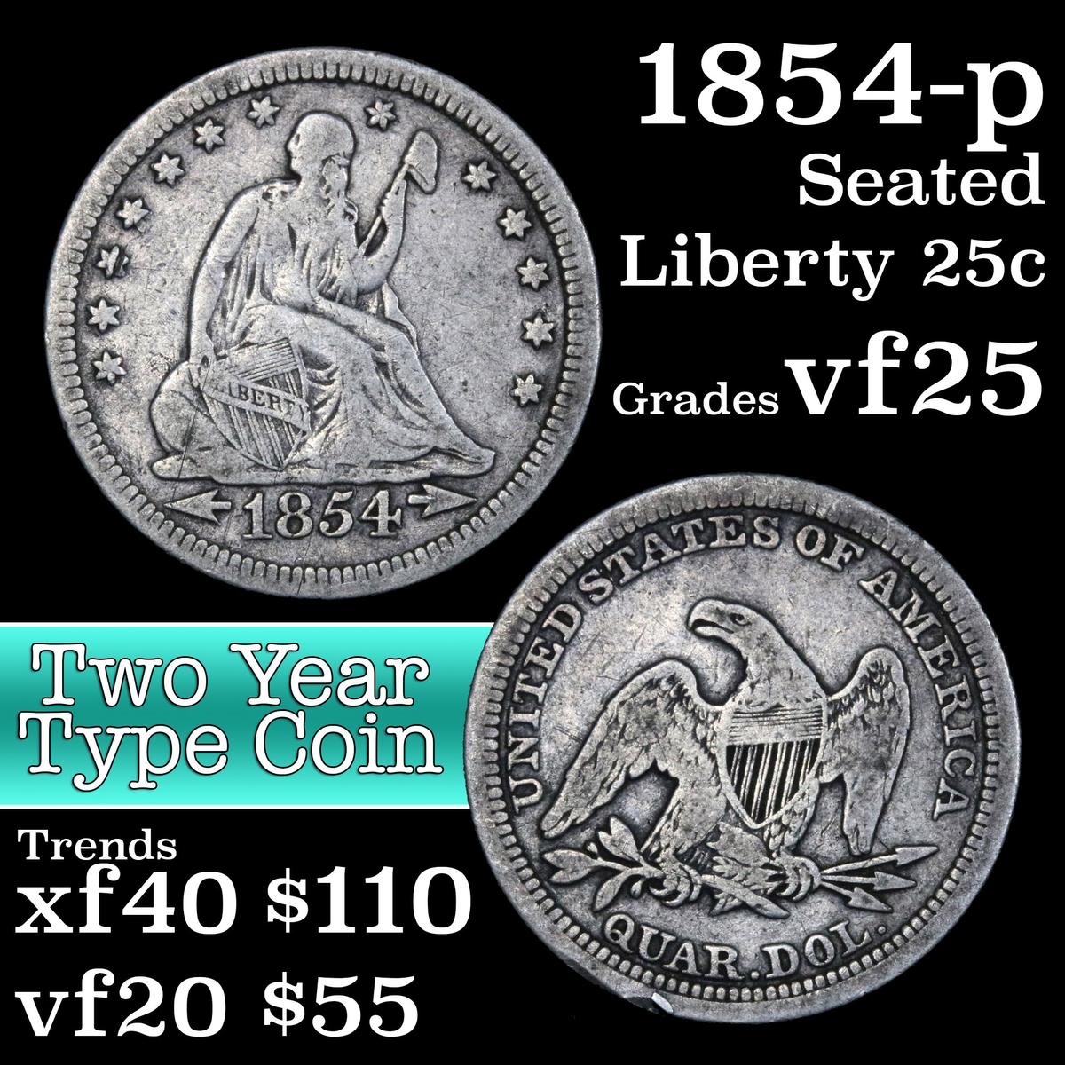 1854-p Seated Liberty Quarter 25c Grades vf+