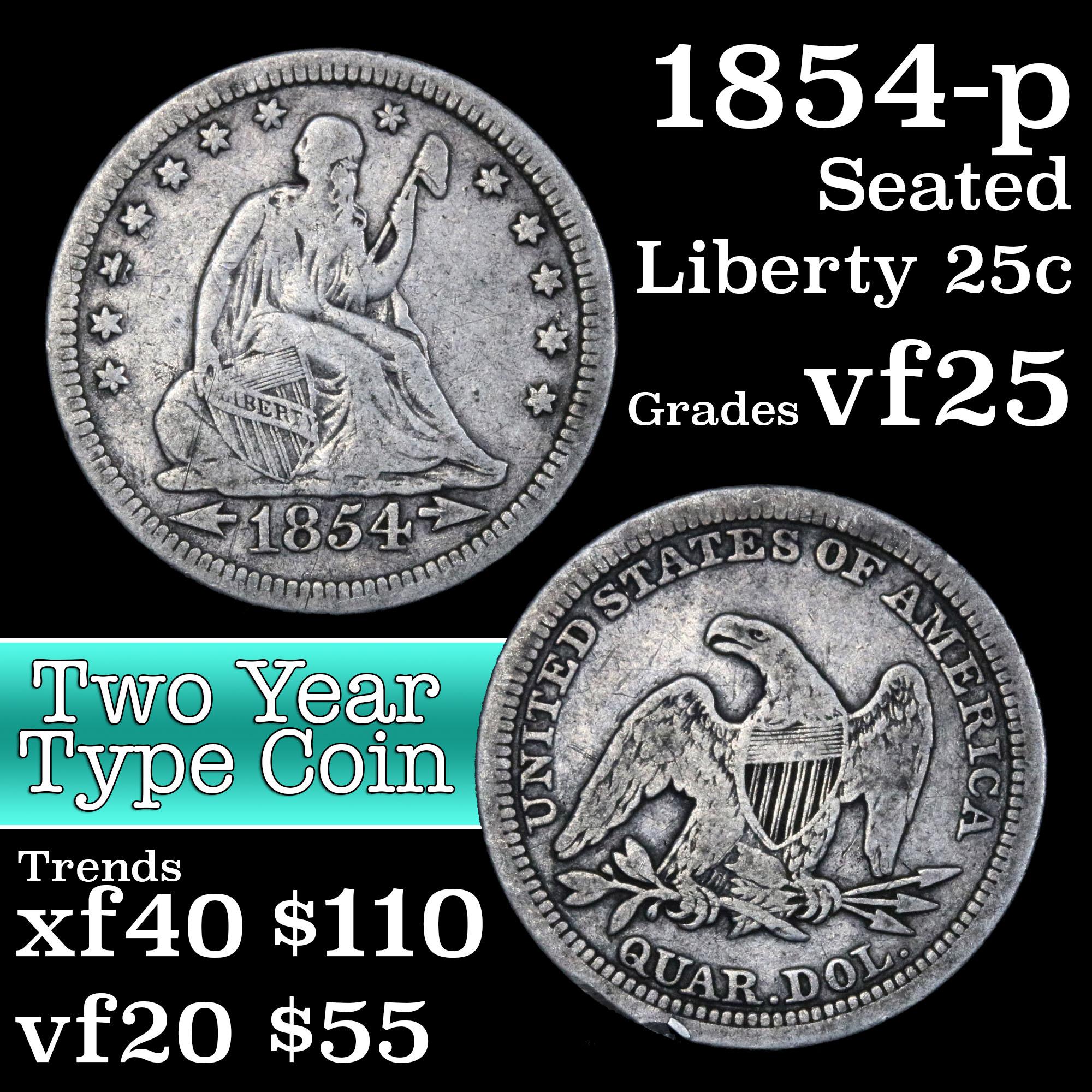 1854-p Seated Liberty Quarter 25c Grades vf+
