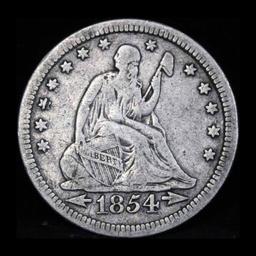 1854-p Seated Liberty Quarter 25c Grades vf+