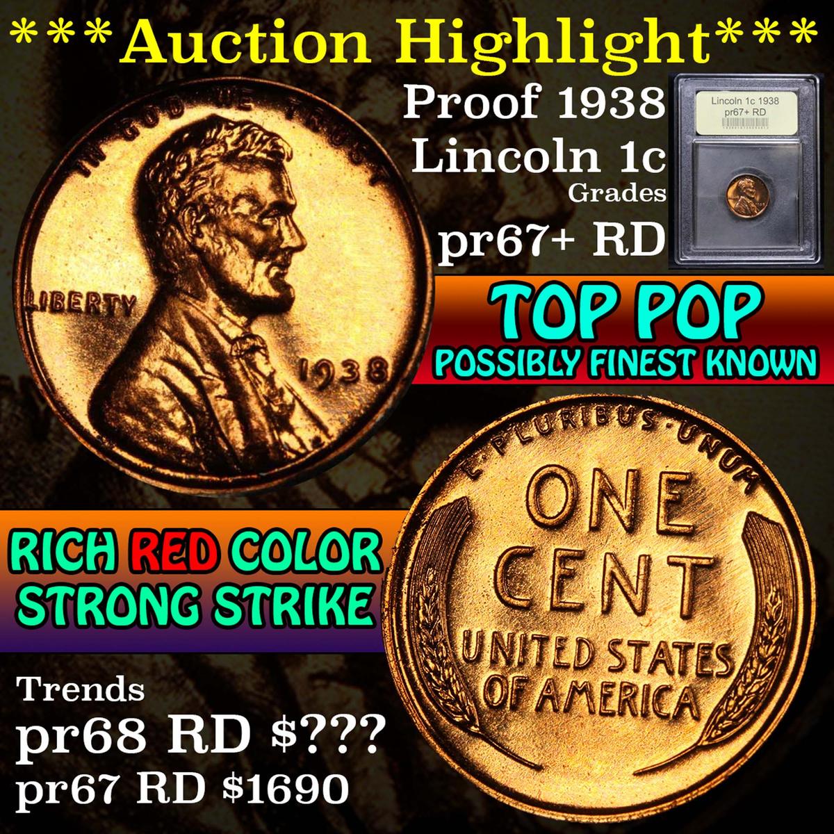 ***Auction Highlight*** Proof 1938 Top Pop Lincoln Cent 1c Graded Gem++ Proof RD by USCG (fc)