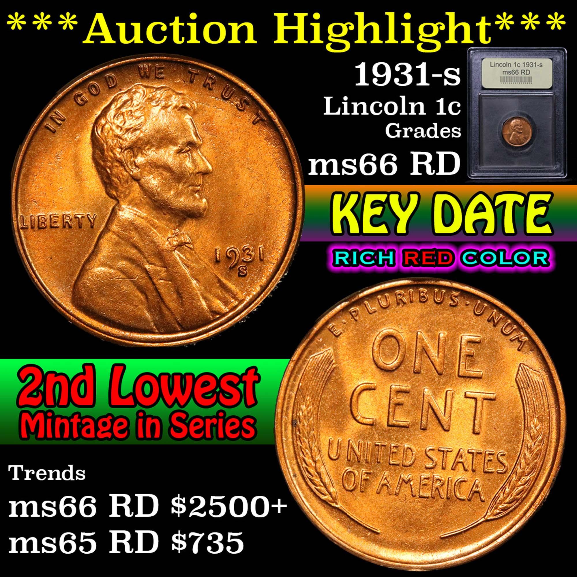 ***Auction Highlight*** 1931-s Lincoln Cent 1c Graded GEM+ Unc RD by USCG (fc)