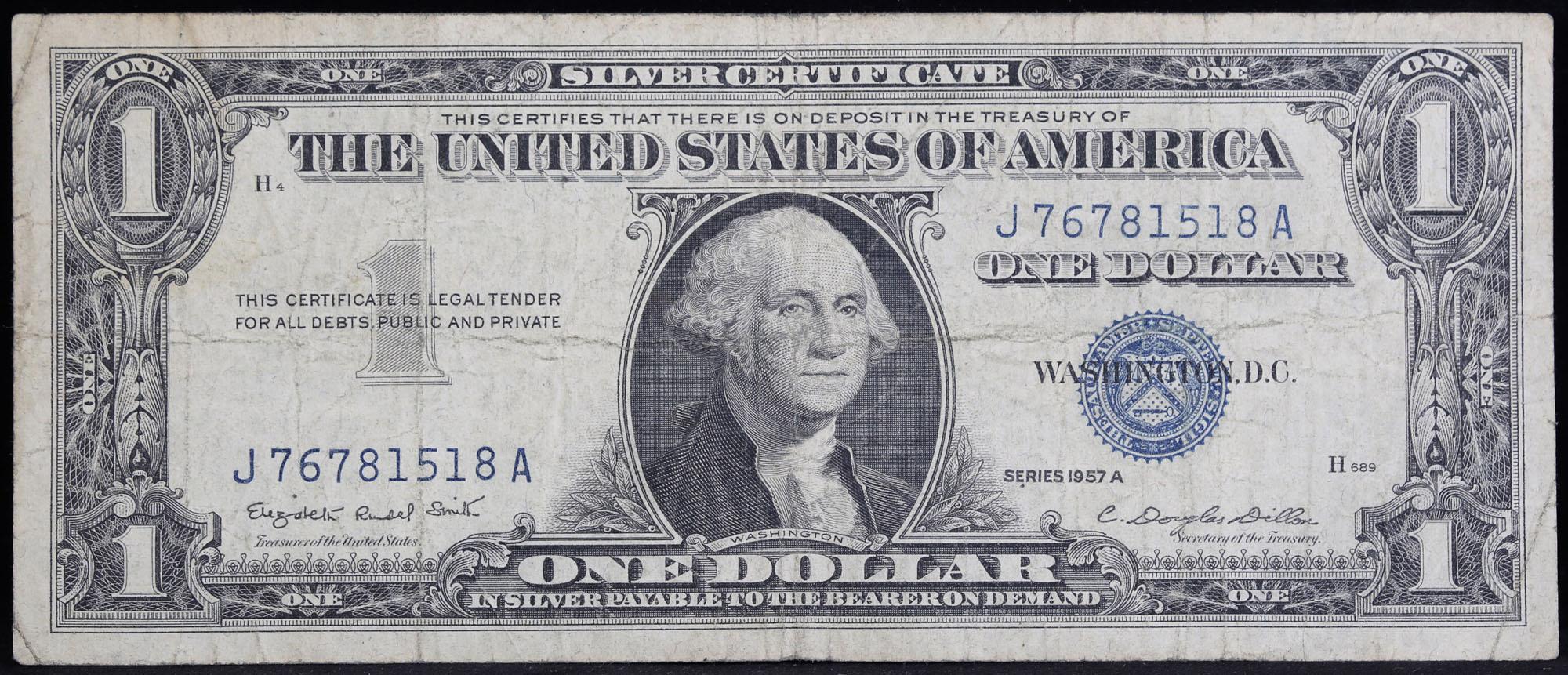 1957A $1 Blue Seal Silver Certificate Grades f+