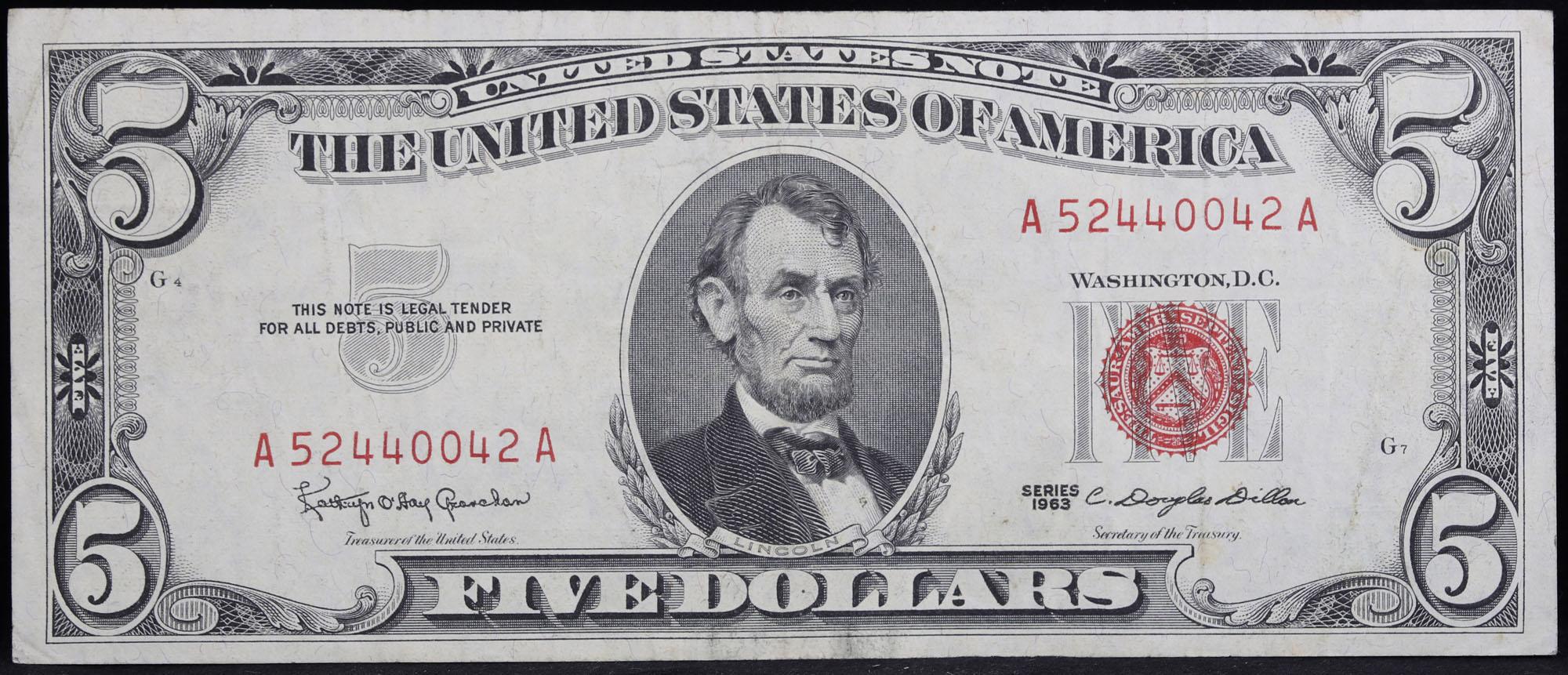 1963 $5 Red seal United States Note Grades vf++