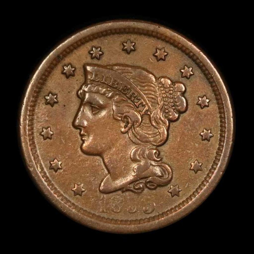 1855 upright 5's Braided Hair Large Cent 1c Grades xf