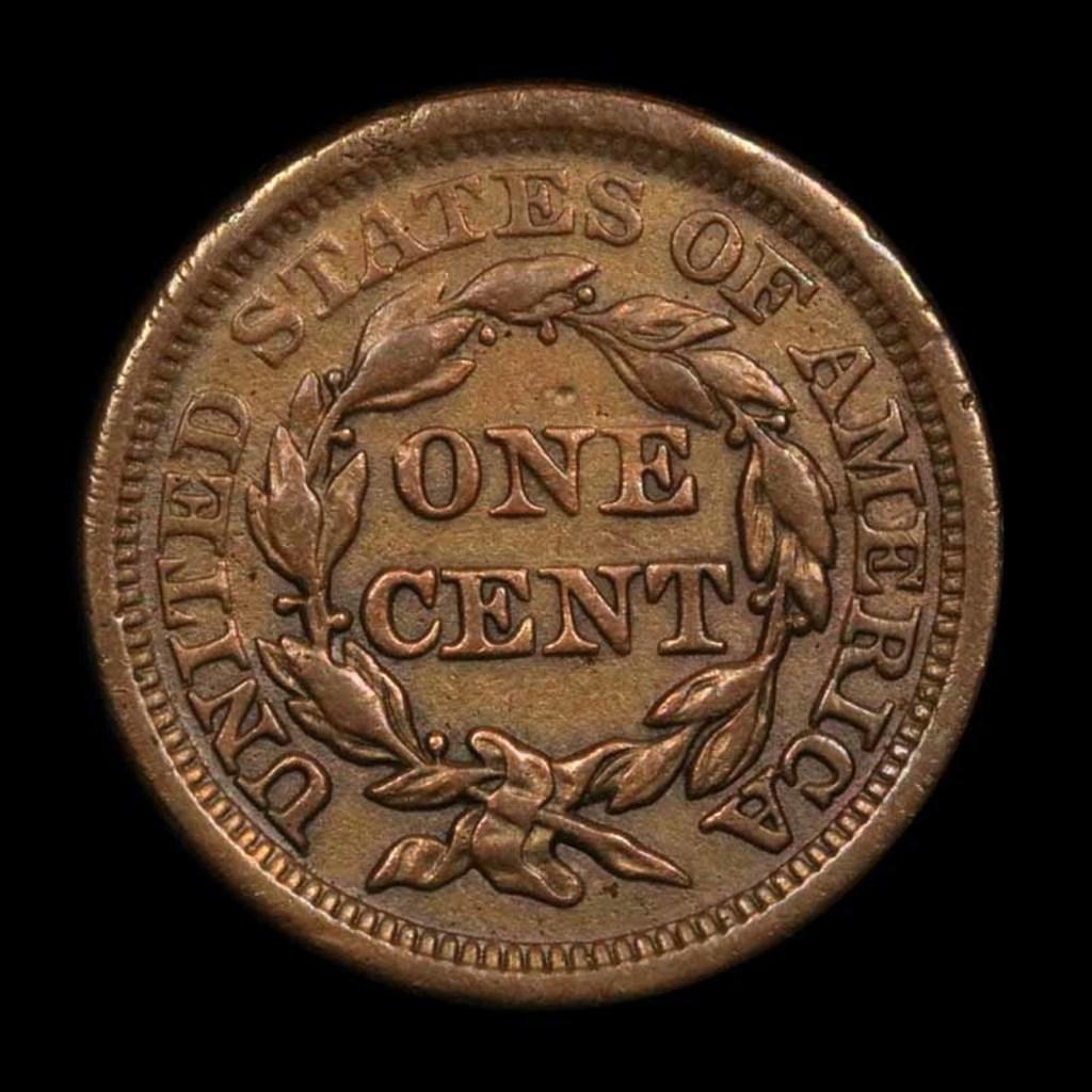 1855 upright 5's Braided Hair Large Cent 1c Grades xf