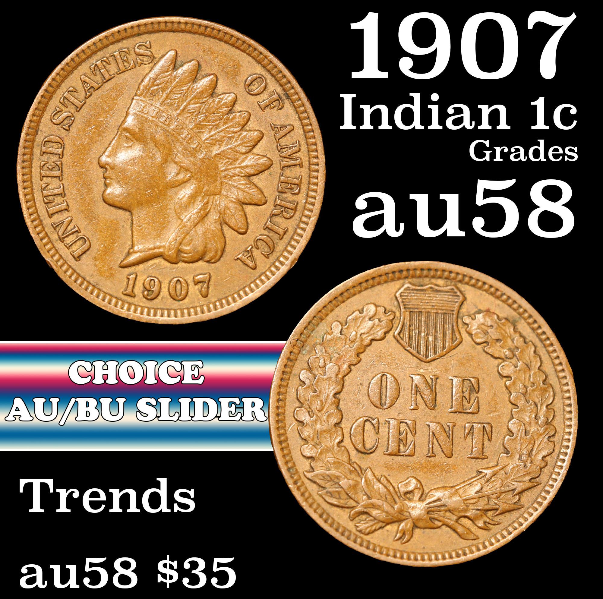 1907 Indian Cent 1c Grades Choice AU/BU Slider